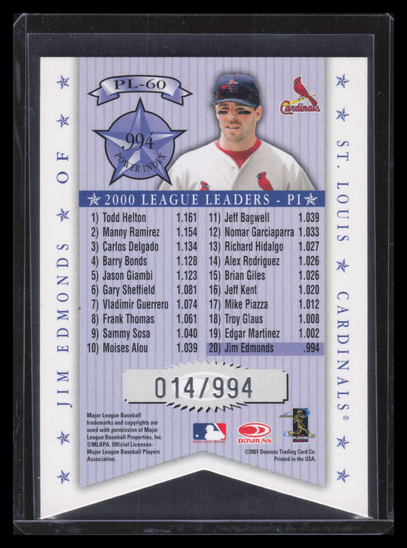 2001 Donruss Production Line Die Cuts pl60 Jim Edmonds PI 14/100