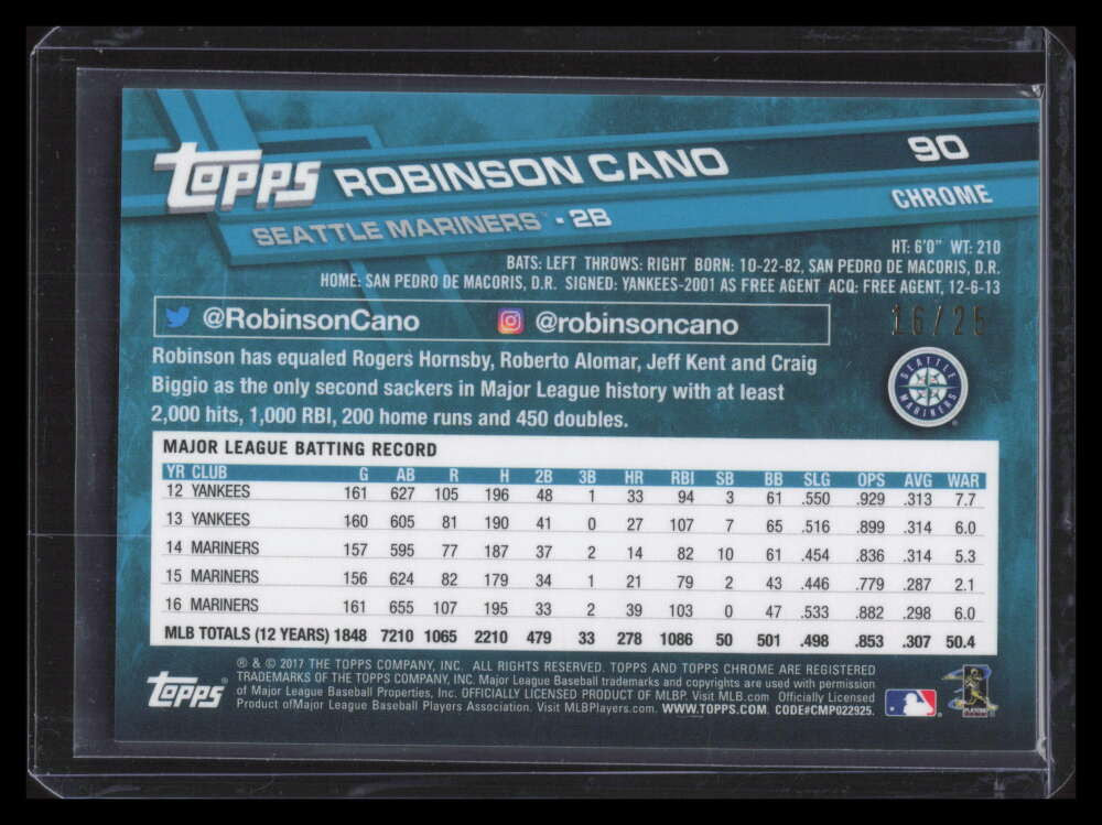 2017 Topps Chrome Orange Refractor 90 Robinson Cano 16/25