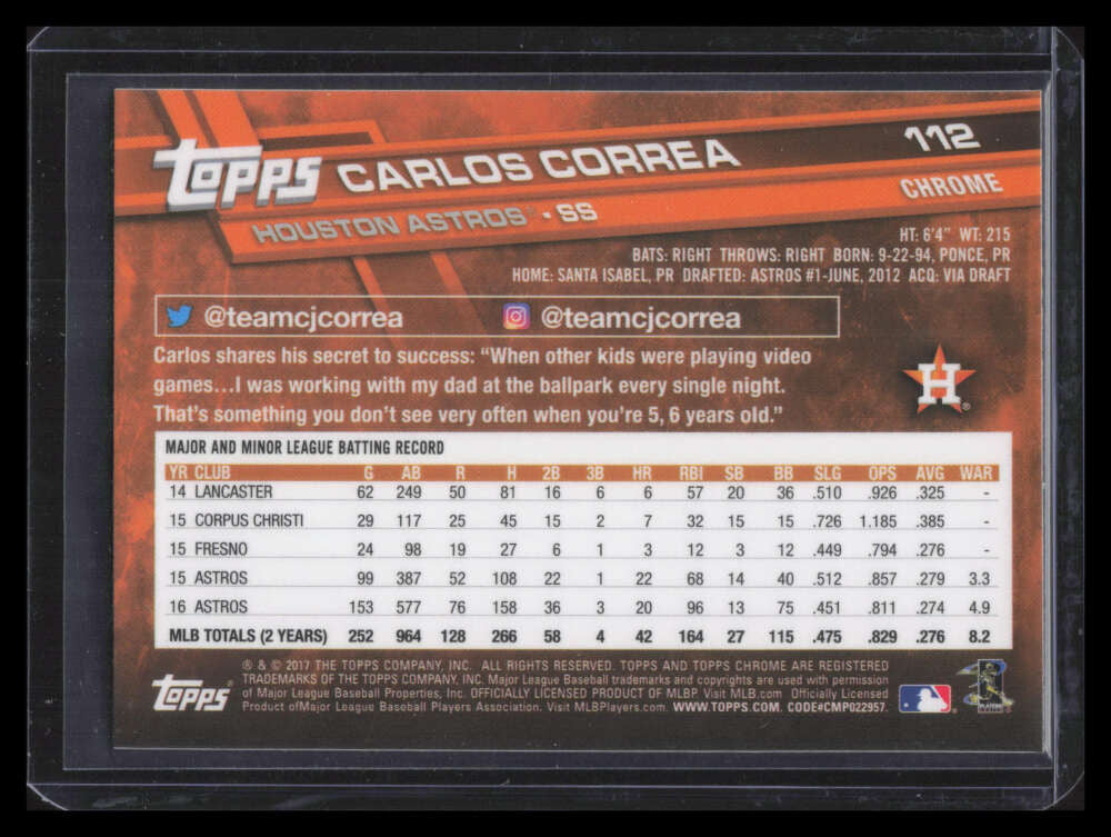 2017 Topps Chrome 112b Carlos Correa Signing Autographs Refractor Variation SP