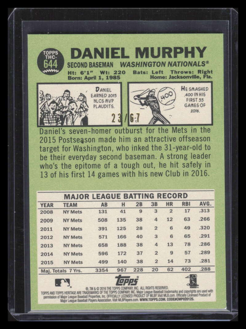 2016 Topps Heritage Chrome Black Refractor thc644 Daniel Murphy 23/67