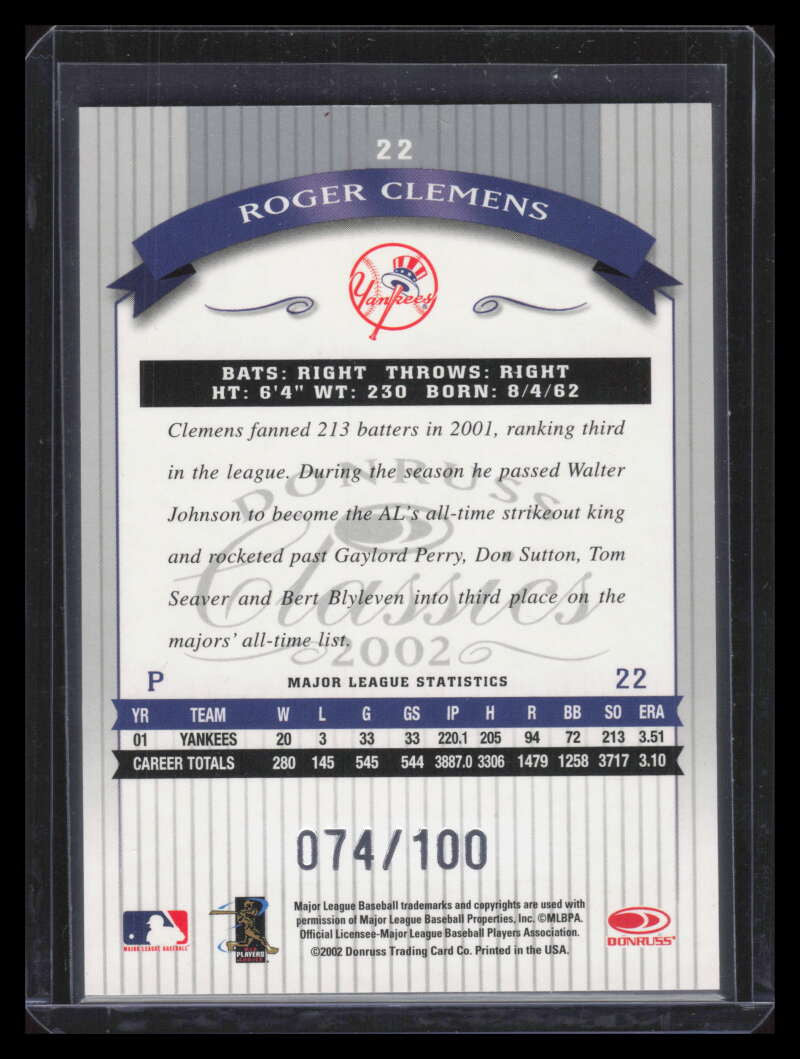2002 Donruss Classics Timeless Tributes 22 Roger Clemens 74/100