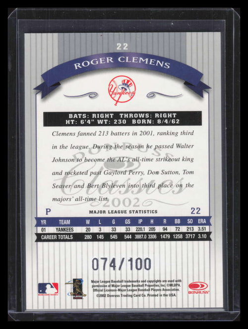 2002 Donruss Classics Timeless Tributes 22 Roger Clemens 74/100