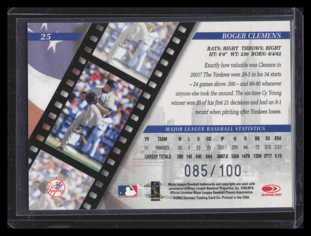 2002 Studio Proofs 25 Roger Clemens 85/100