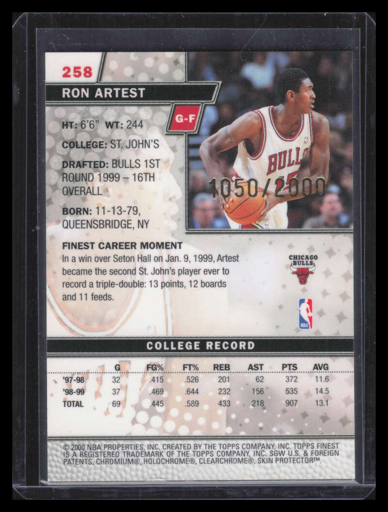 1999-00 Finest 258 Ron Artest Rookie 1050/2000