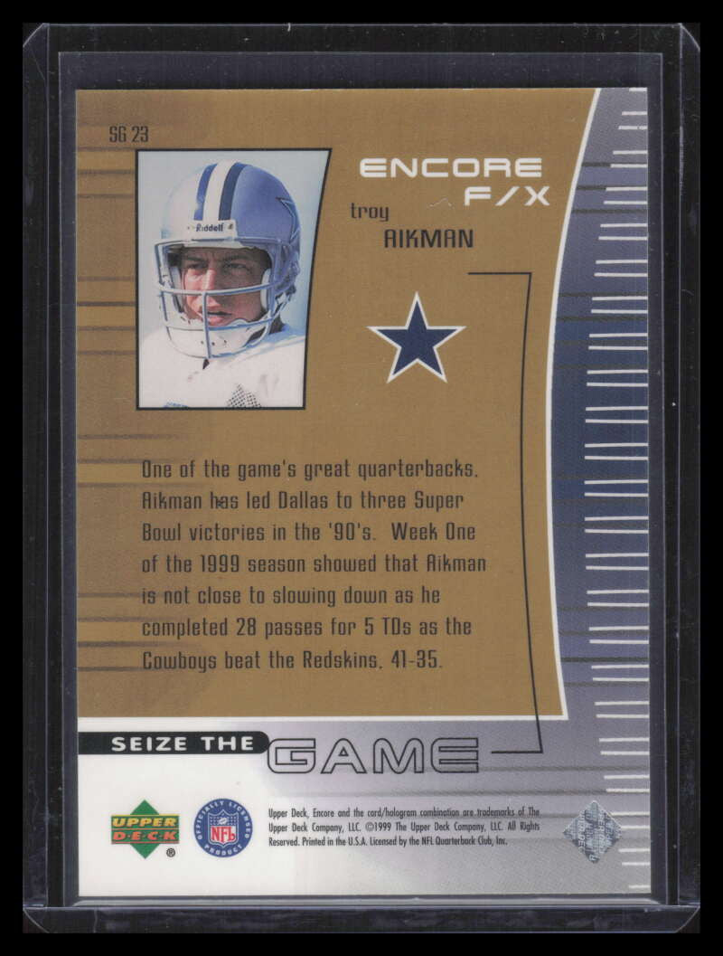 1999 Upper Deck Encore Seize the Game F/X Gold sg23 Troy Aikman 82/250