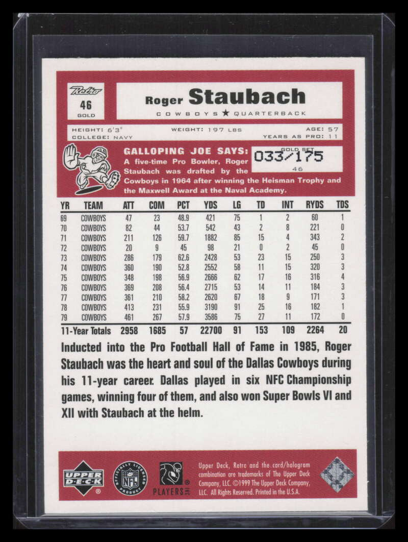 1999 Upper Deck Retro Gold 46 Roger Staubach 33/175