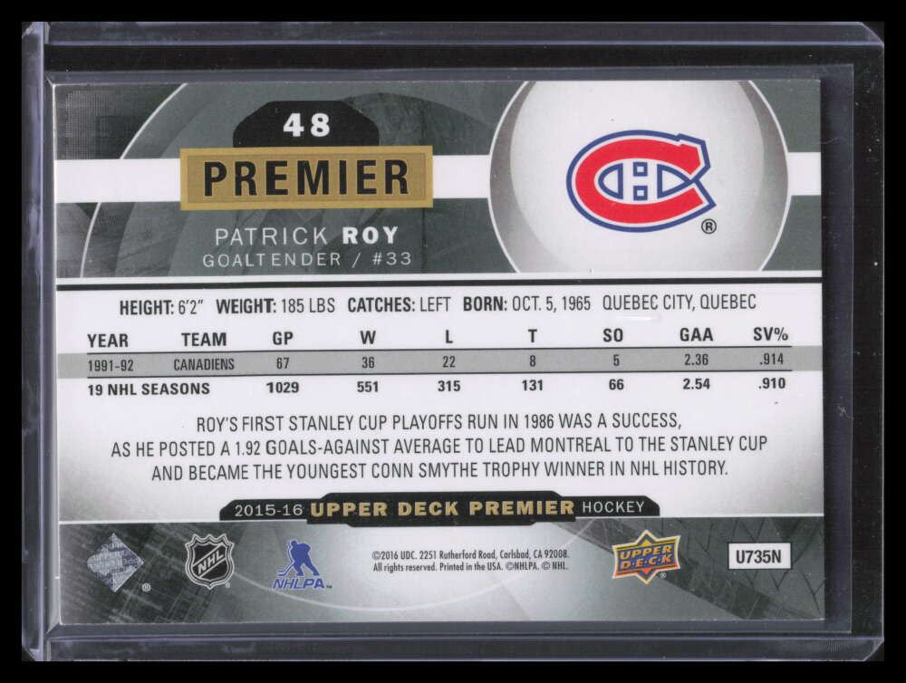 2015-16 Upper Deck Premier 48 Patrick Roy 133/299