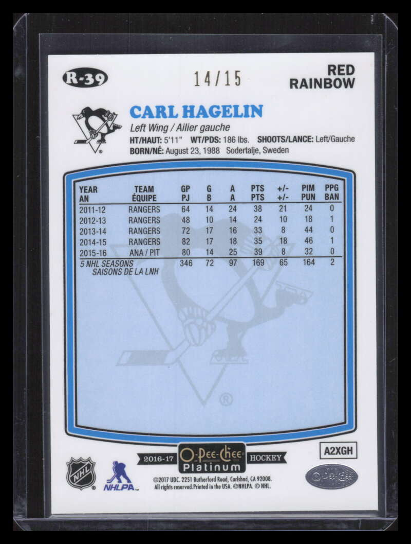 2016-17 O-Pee-Chee Platinum Retro Rainbow Red Refractor r39 Carl Hagelin 14/15
