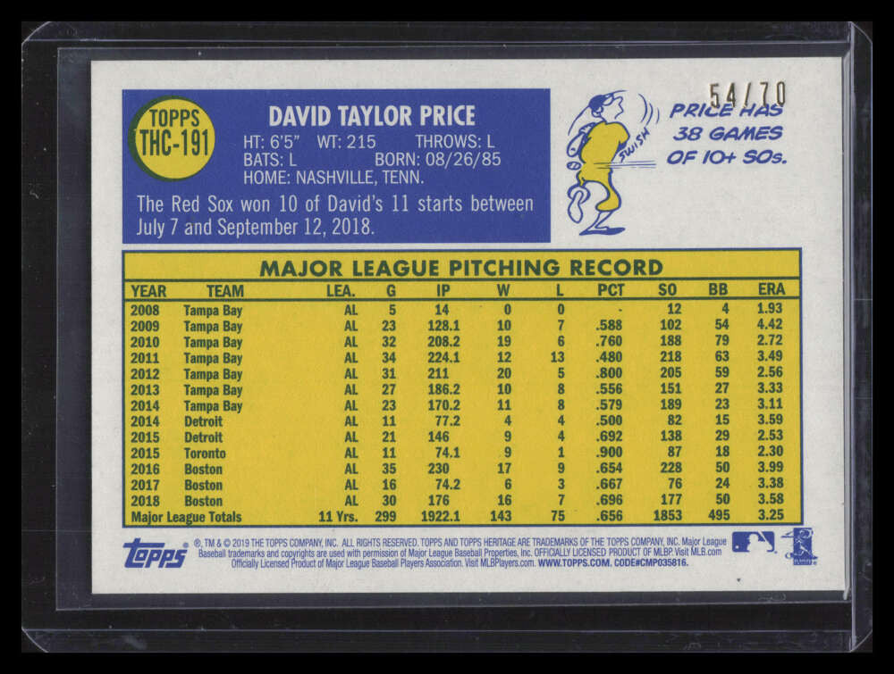 2019 Topps Heritage Chrome Black Refractor thc191 David Price 54/70