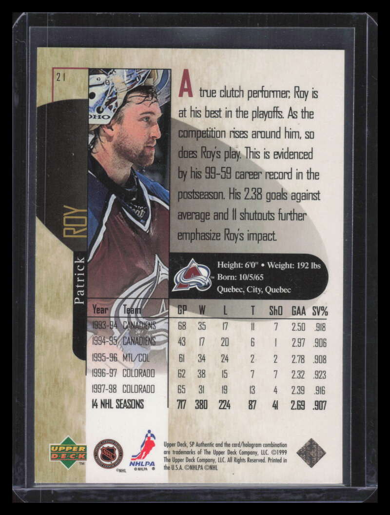 1998-99 SP Authentic Power Shift 21 Patrick Roy 378/500
