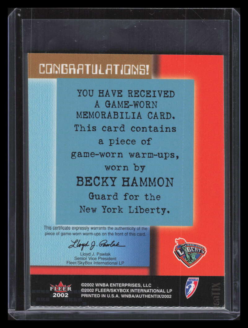 DELETE 179560 2002 Fleer Authentix WNBA Memorabilia Ripped 6 Becky Hammon Jersey 154855