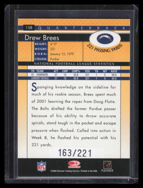 2002 Donruss Stat Line Career 158 Drew Brees 163/221