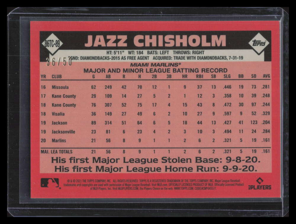 2021 Topps '86 Silver Pack Chrome Gold Refractor 86tc89 Jazz Chisholm RC 36/50