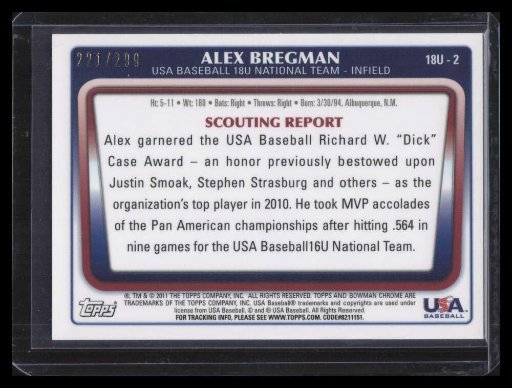 2011 Bowman Chrome 18u USA National Team X-Fractor 18u2 Alex Bregman RC 221/299