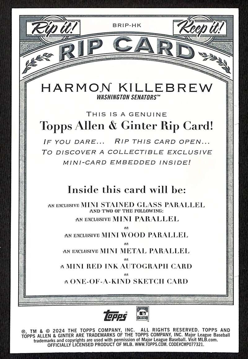 2024 Topps Allen and Ginter Box Topper Rip Card Harmon Killebrew UNRIPPED 22/99