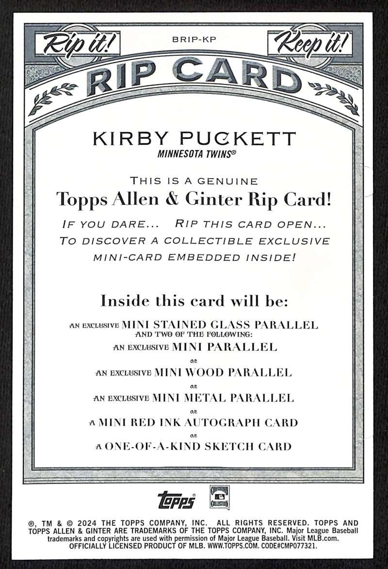 2024 Topps Allen and Ginter Box Topper Rip Cards Kirby Puckett UNRIPPED 18/99