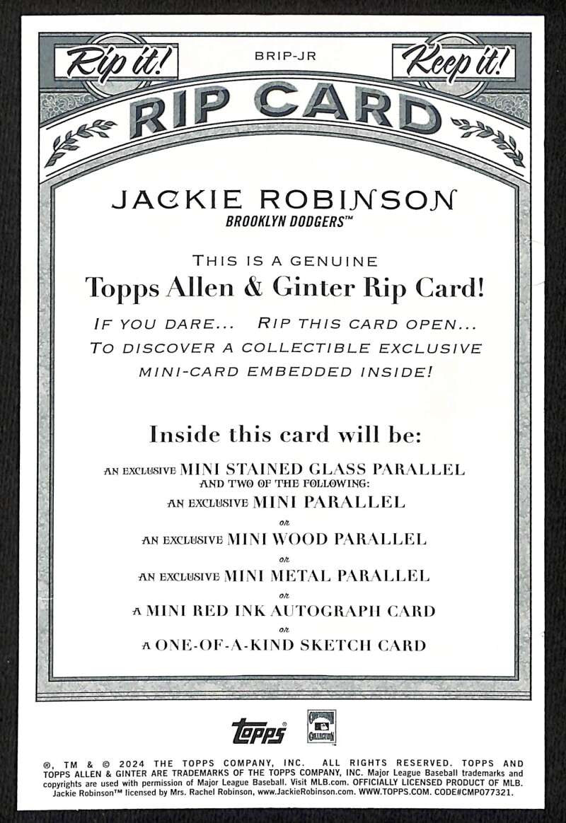 2024 Topps Allen and Ginter Box Topper Rip Cards Jackie Robinson UNRIPPED 50/99