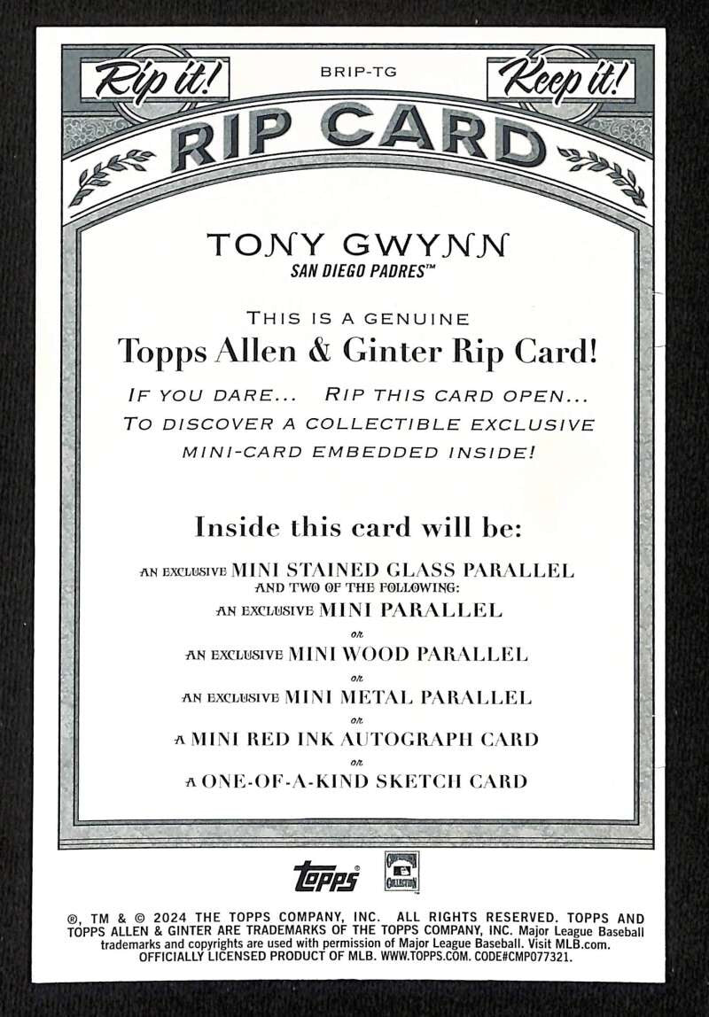 2024 Topps Allen and Ginter Box Topper Rip Cards Tony Gwynn UNRIPPED 52/99