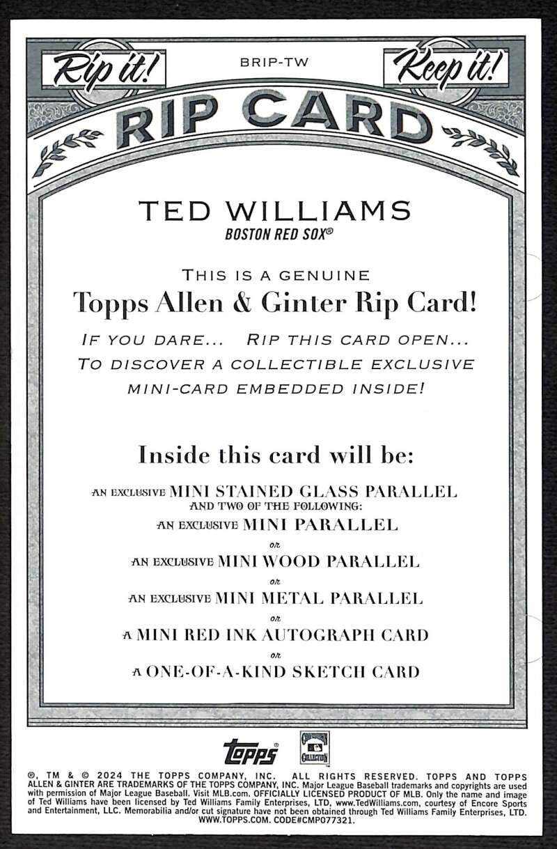 2024 Topps Allen and Ginter Box Topper Rip Cards Ted Williams UNRIPPED 42/99