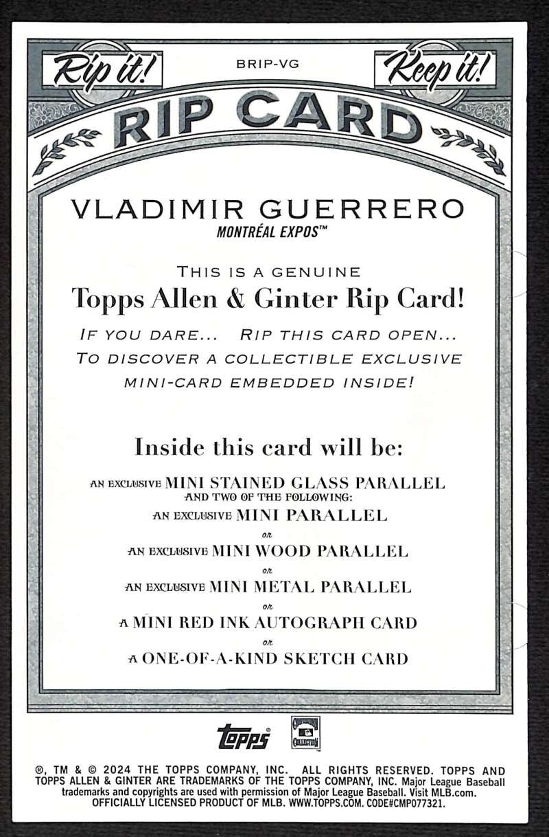 2024 Topps Allen Ginter Box Topper Rip Cards Vladimir Guerrero UNRIPPED 67/99