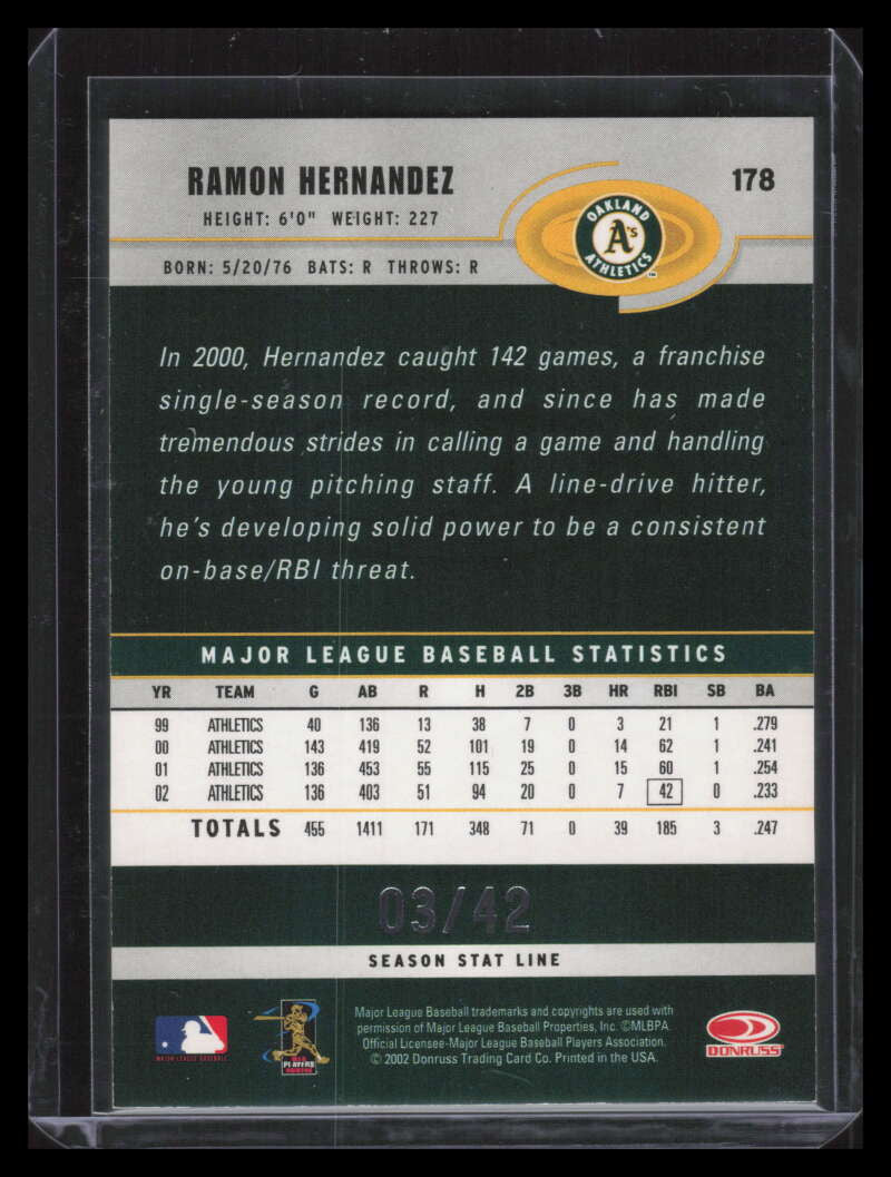2003 Donruss Stat Line Season 178 Ramon Hernandez 3/42