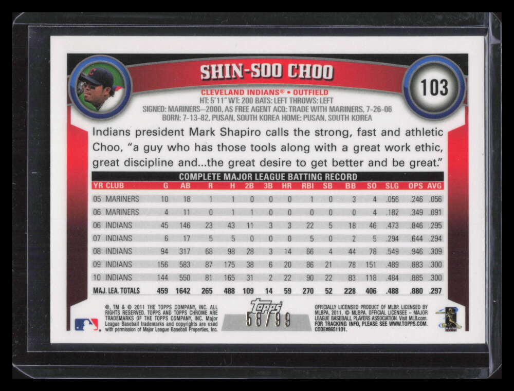 2011 Topps Chrome Blue Refractor 103 Shin-Soo Choo 58/99