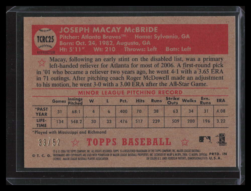 2006 Topps '52 Chrome Gold Refractor 25 Macay McBride Rookie 33/52