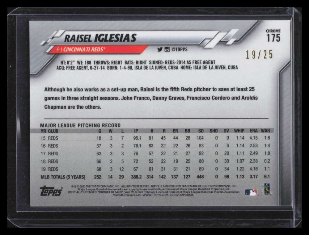 2020 Topps Chrome Orange Refractor 175 Raisel Iglesias 19/25