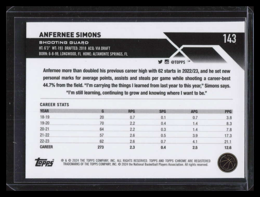 2023-24 Topps Chrome Orange Geometric Refractor 143 Anfernee Simons 16/25