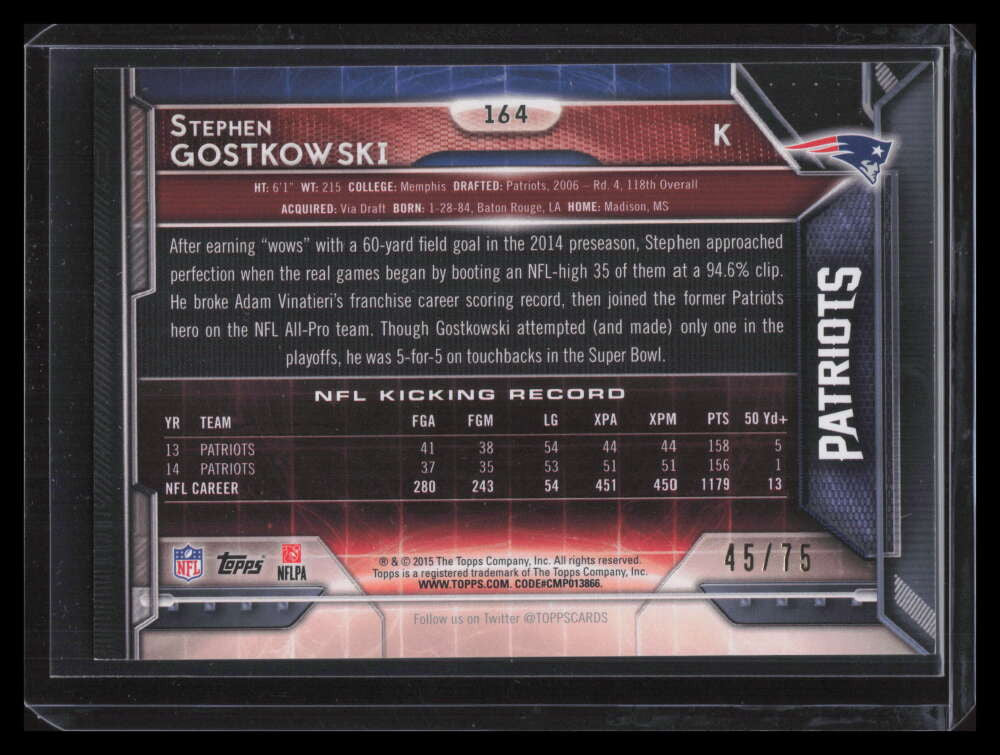 2015 Topps Orange 164 Stephen Gostkowski 45/75