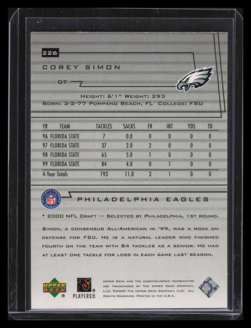 2000 Upper Deck Exclusives Silver 226 Corey Simon Rookie 56/100