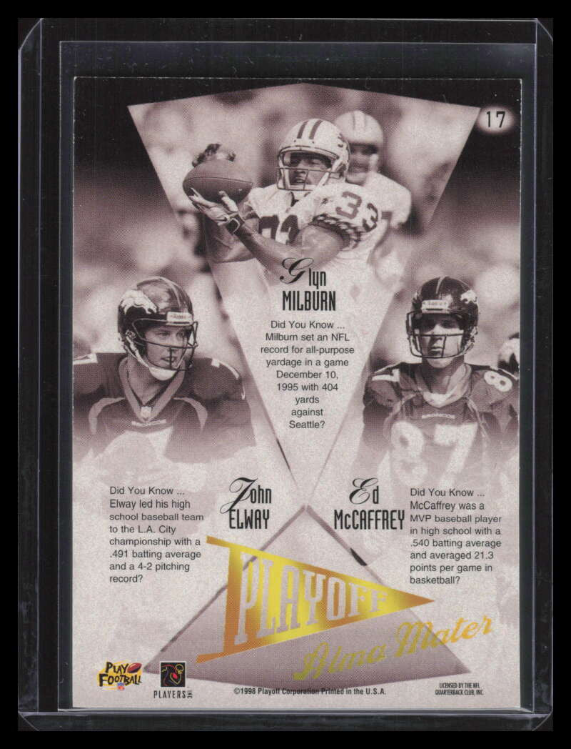 1998 Playoff Prestige Alma Maters 17 Glyn Milburn Ed McCaffrey John Elway