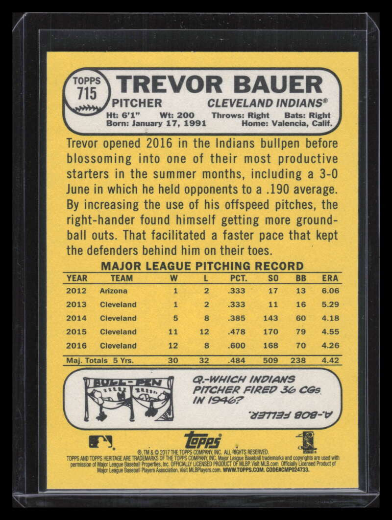 2017 Topps Heritage Bright Yellow Back 715 Trevor Bauer /25