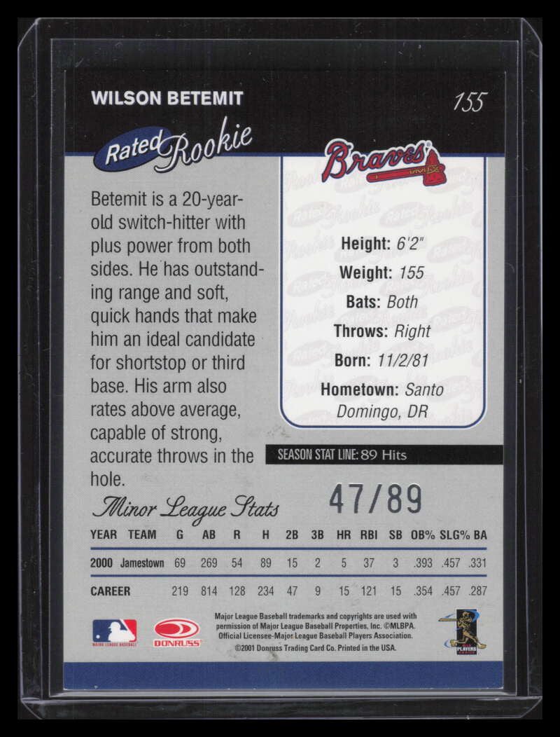 2001 Donruss Stat Line Season 155 Wilson Betemit RR 47/89 Rated Rookie