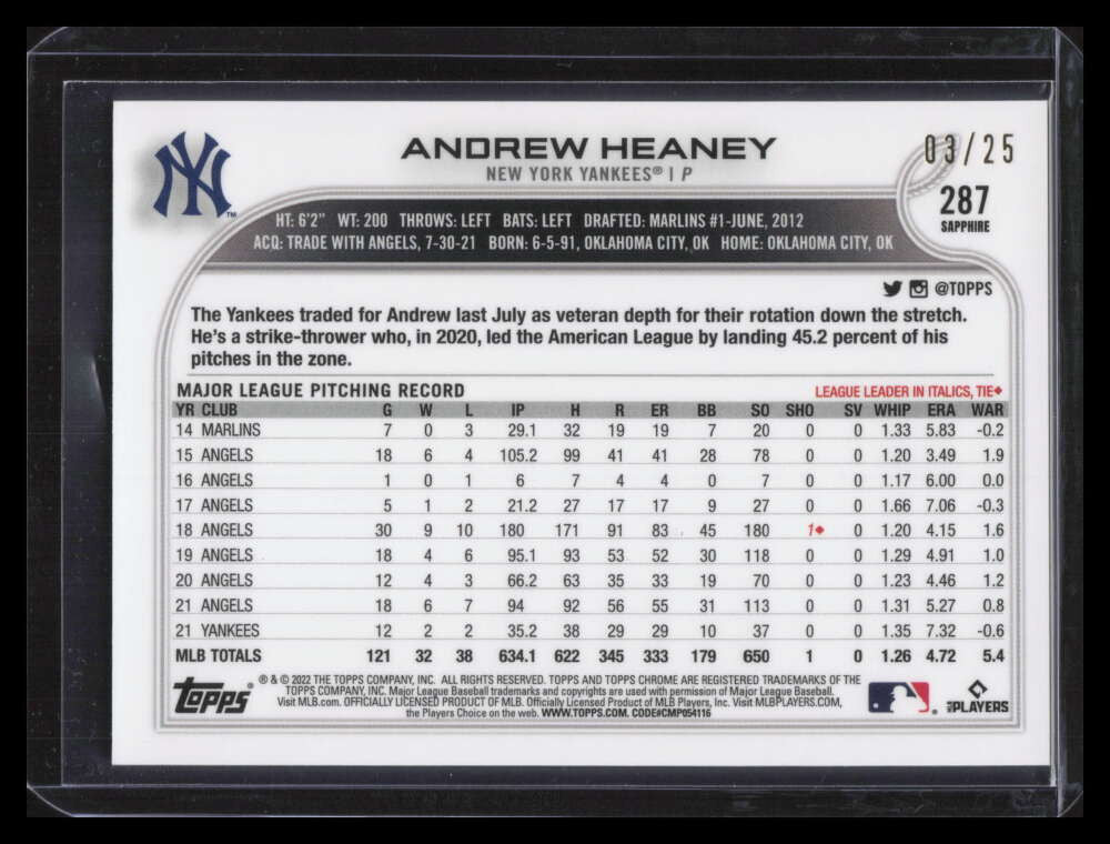 2022 Topps Chrome Sapphire Orange Refractor 287 Andrew Heaney 3/25