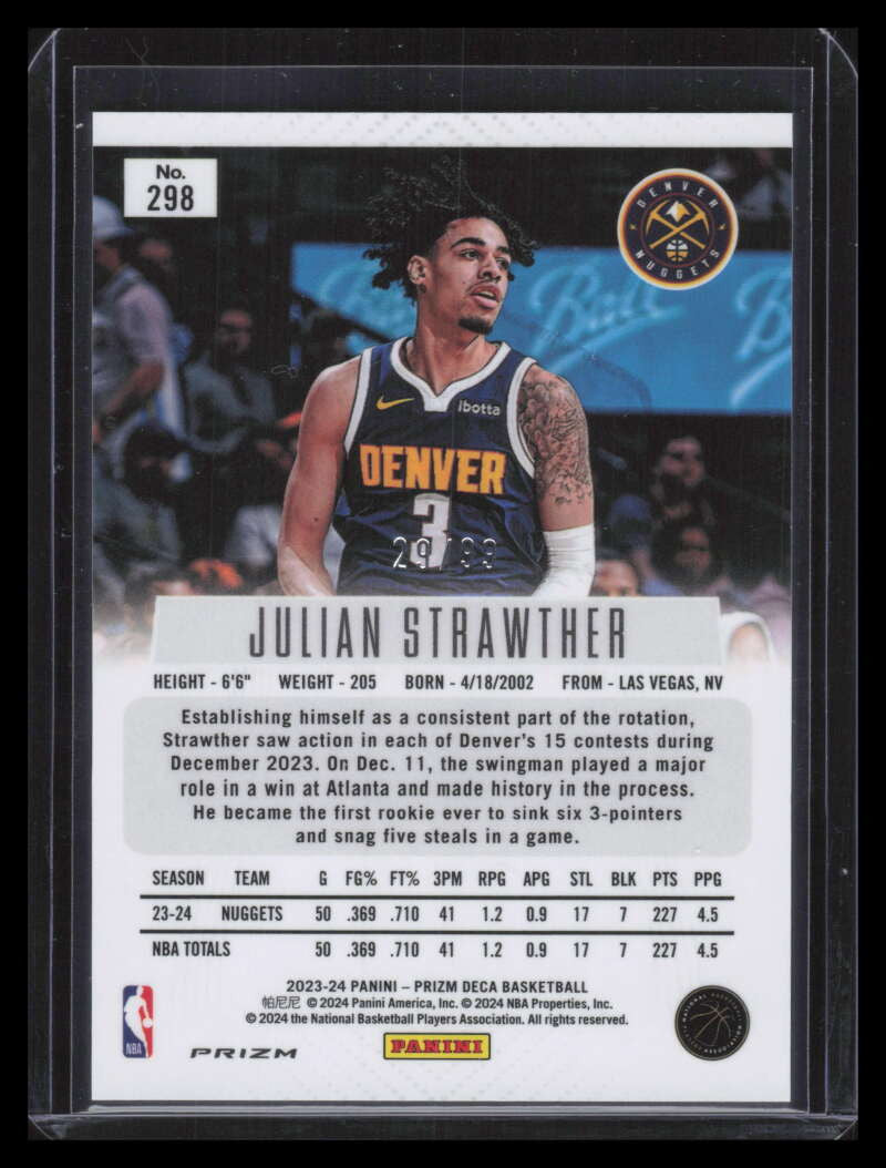 2023-24 Panini Prizm Deca Prizms Purple 298 Julian Strawther Rookie 29/99