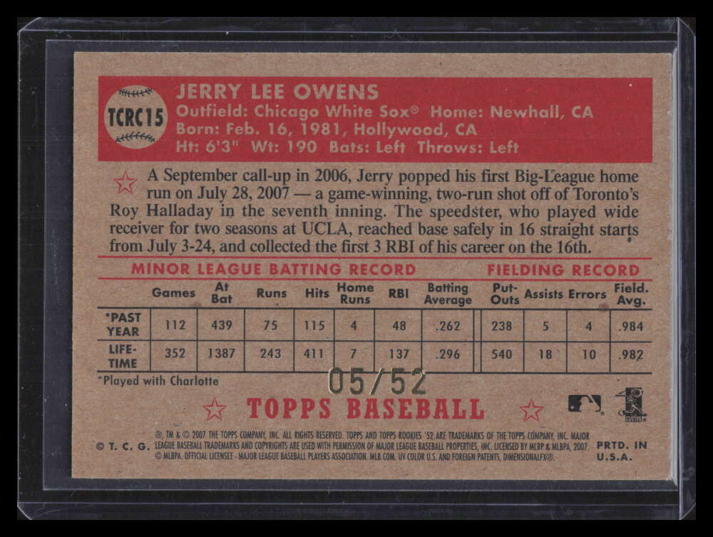2007 Topps '52 Chrome Gold Refractor 15 Jerry Owens Rookie 5/52