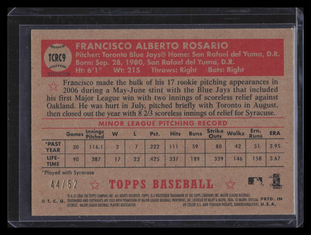 2006 Topps '52 Chrome Gold Refractor 9 Francisco Rosario Rookie 44/52
