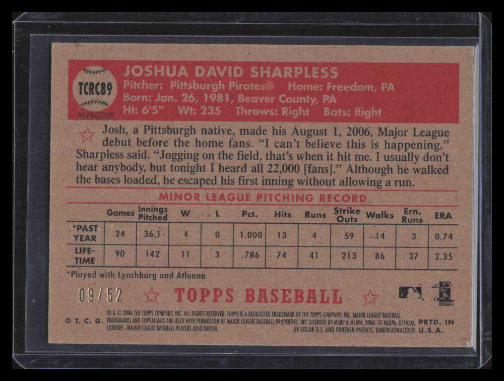 2006 Topps '52 Chrome Gold Refractor 89 Josh Sharpless Rookie 9/52