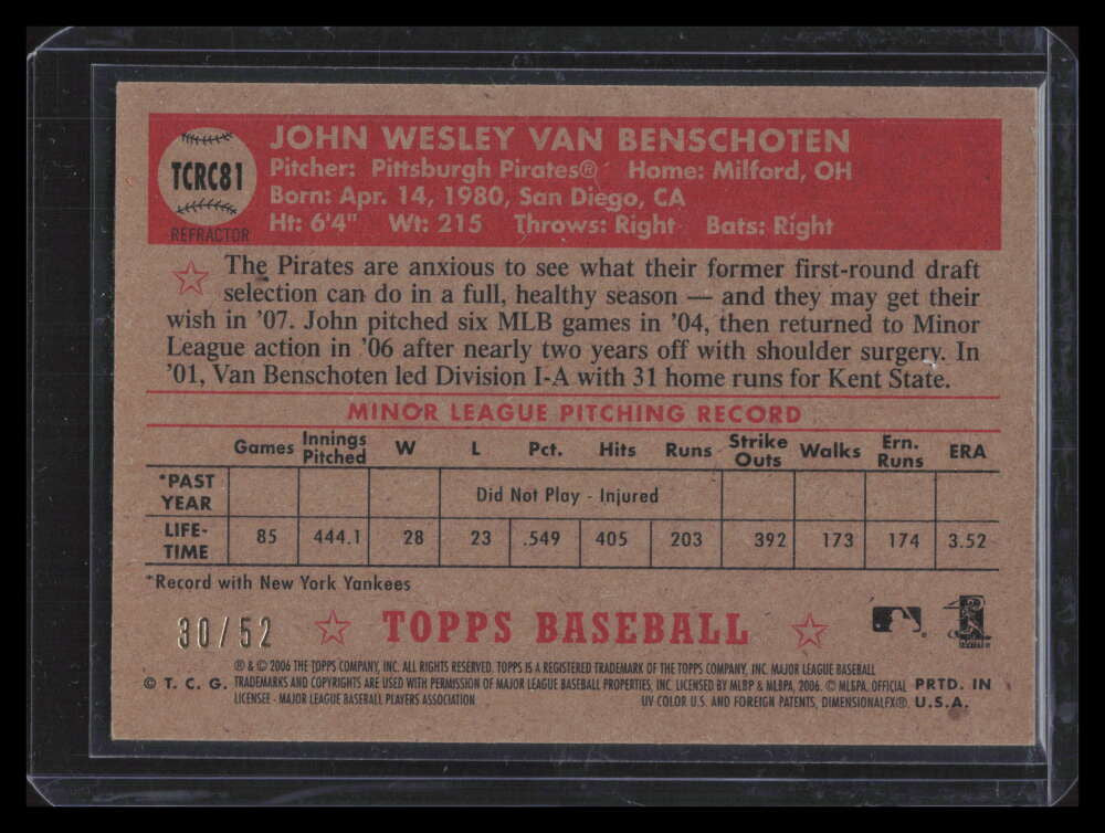 2006 Topps '52 Chrome Gold Refractor 81 John Van Benschoten Rookie 30/52