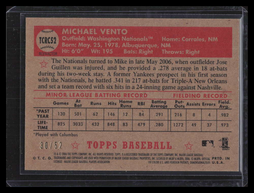 2006 Topps '52 Chrome Gold Refractor 52 Mike Vento Rookie 30/52