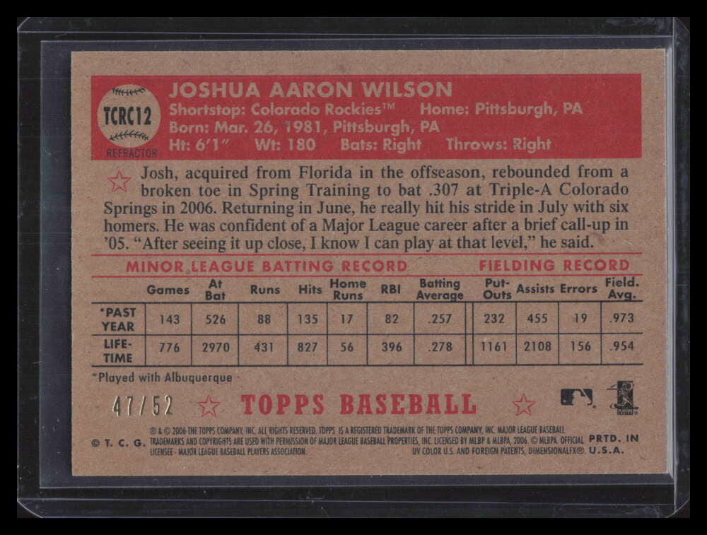 2006 Topps '52 Chrome Gold Refractor 12 Josh Wilson Rookie 47/52