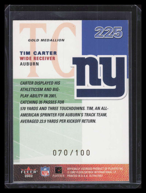 2002 Ultra Gold Medallion 225 Tim Carter Rookie 70/100