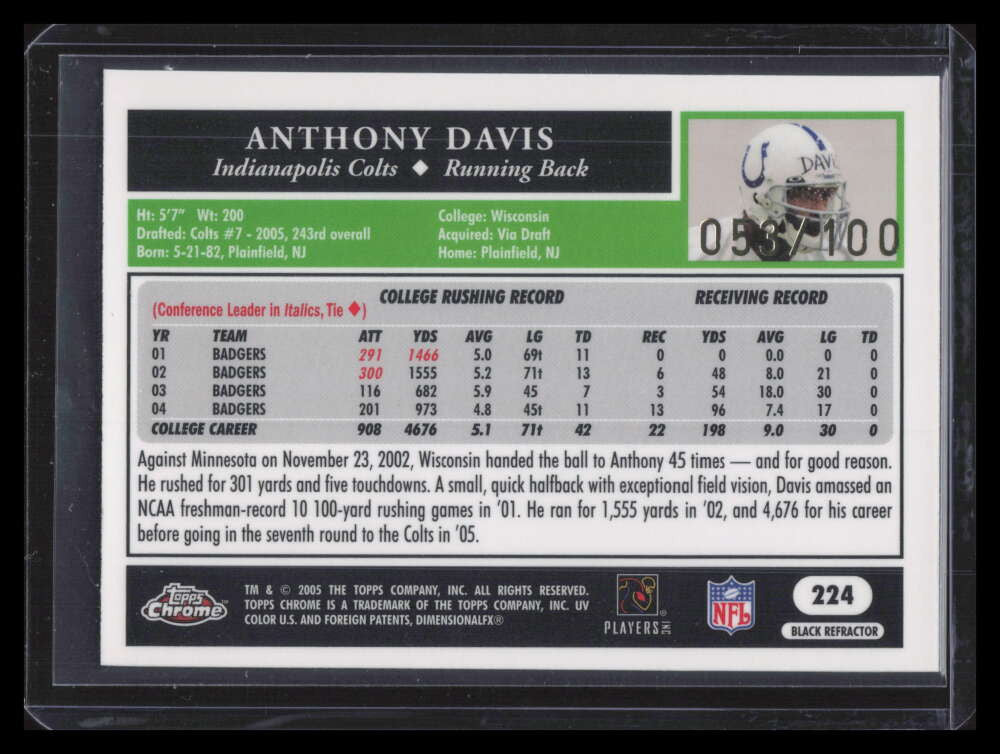 2005 Topps Chrome Black Refractor 224 Anthony Davis Rookie 53/100