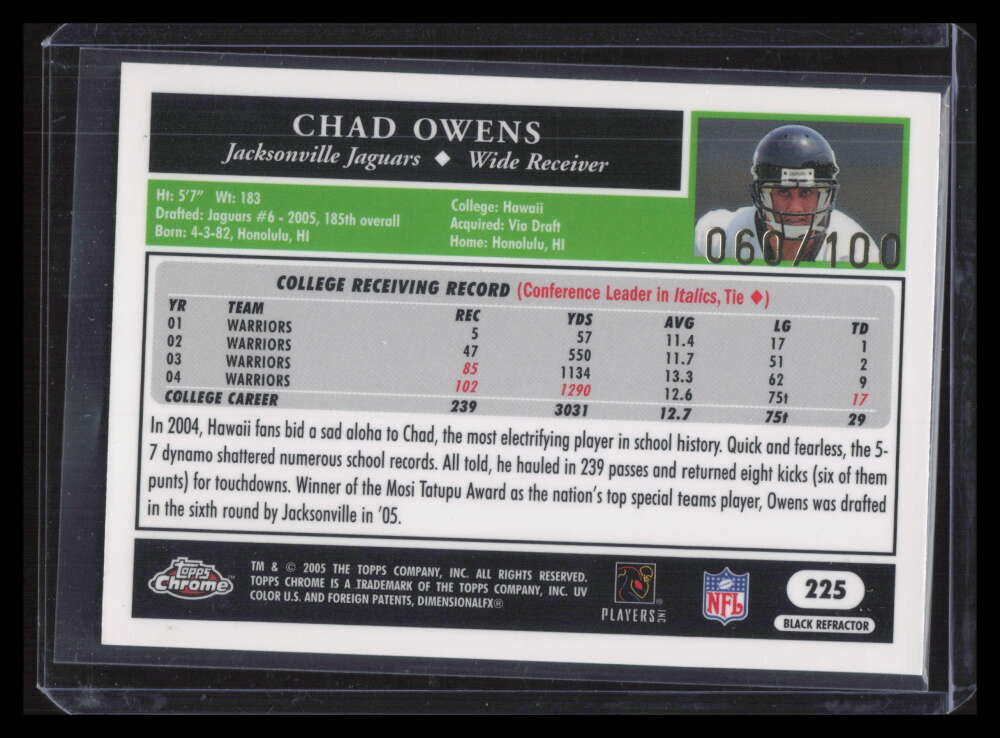 2005 Topps Chrome Black Refractor 225 Chad Owens Rookie 60/100
