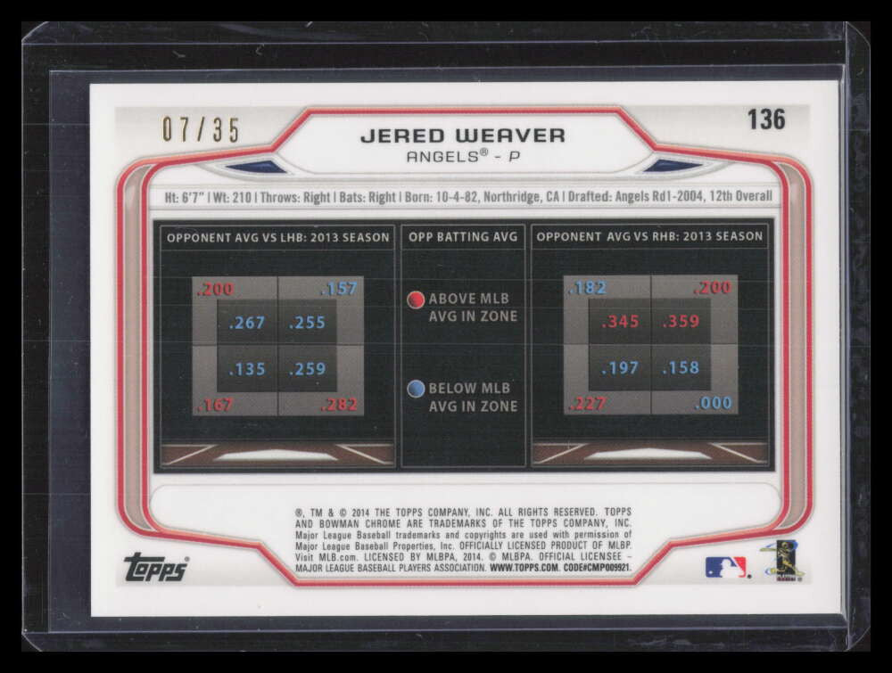 2014 Bowman Chrome Black Static Refractor 136 Jered Weaver 7/35