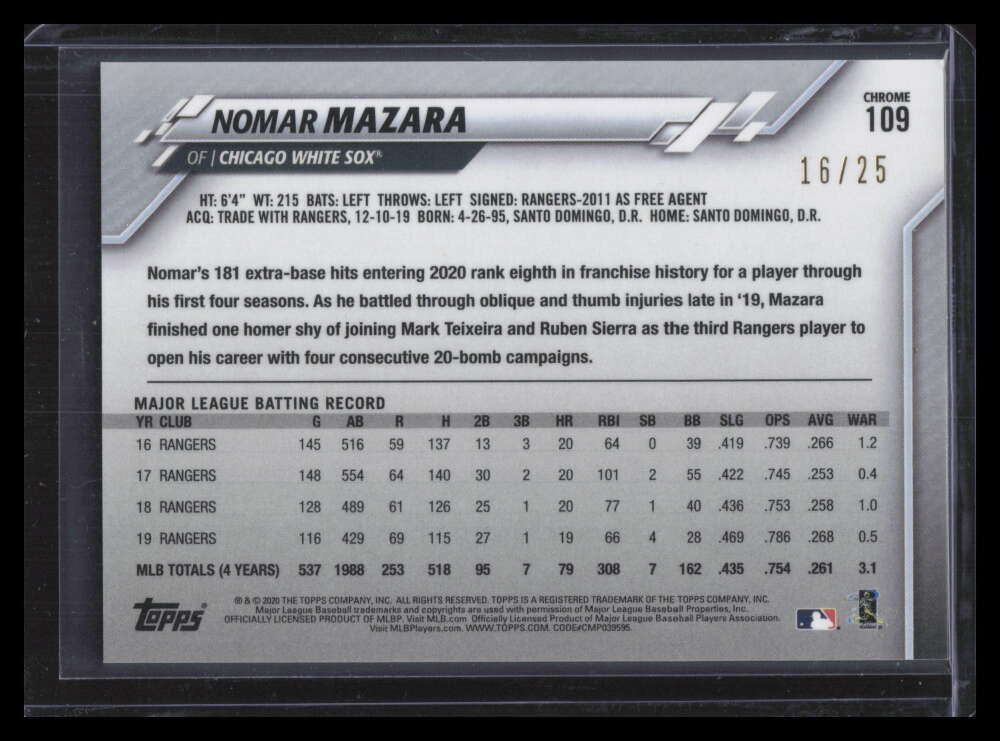 2020 Topps Chrome Orange Refractor 109 Nomar Mazara 16/25