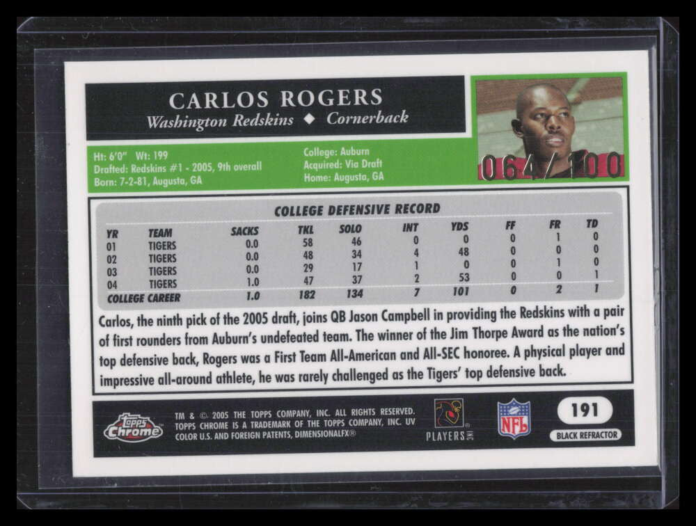 2005 Topps Chrome Black Refractor 191 Carlos Rogers Rookie 64/100