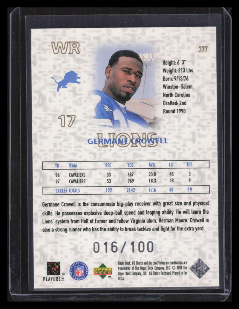 1998 UD Choice Prime Reserve 277 Germane Crowell DN Rookie 16/100 Domination
