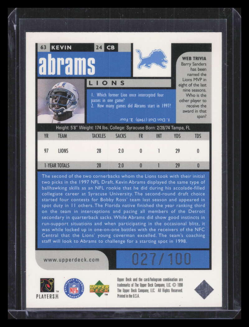 1998 UD Choice Prime Choice Reserve 63 Kevin Abrams 27/100